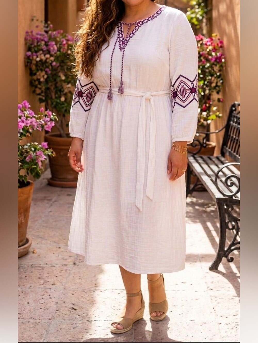 Lane Bryant Embroidered Cotton Gauze Boho Peasant Midi Dress White Purple 14P